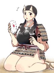 Rule 34 | 1girl, armor, black hair, blunt bangs, dungeon meshi, eating, food, food on face, highres, horns, inutade, japanese armor, kneeling, kusazuri, looking at viewer, mole, mole under eye, muneate, obi, oni, oni horns, pauldrons, rice, rice on face, rope, sandals, sash, shoulder armor, simple background, sitting, solo, thick thighs, thighs, tsunosame, twintails, white background