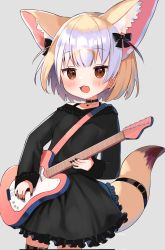 Rule 34 | 1girl, :d, alternate costume, animal ear fluff, animal ears, black choker, black dress, black nails, blonde hair, blush, brown eyes, choker, commentary, cowboy shot, dress, extra ears, fennec (kemono friends), fox ears, fox girl, fox tail, grey background, guitar, highres, instrument, kemono friends, long sleeves, looking at viewer, multicolored hair, nail polish, noamem, open mouth, short hair, simple background, smile, solo, tail, thigh strap, two-tone hair, white hair