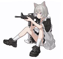 Rule 34 | 1girl, absurdres, aiming, animal ear fluff, animal ears, apron, assault rifle, black footwear, cat ears, commentary, expressionless, frilled apron, frills, full body, grey hair, gun, highres, holding, holding gun, holding weapon, huge filesize, knees up, m4 carbine, maid, notched ear, original, panties, purple eyes, rifle, shoes, short hair, simple background, sitting, sneakers, socks, solo, spread legs, underwear, weapon, white apron, white background, white panties, white socks, zumochi