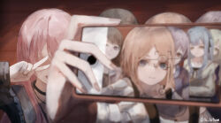 6+girls absurdres bang_dream! bang_dream!_it&#039;s_mygo!!!!! black_hair blue_eyes blue_hair blue_jacket blurry blurry_foreground brown_eyes brown_hair cellphone chihaya_anon commentary_request crychic_(bang_dream!) depth_of_field green_hair grey_hair hand_up highres holding holding_phone jacket kitsune_yo long_hair long_sleeves looking_at_viewer multiple_girls nagasaki_soyo open_mouth phone pink_hair purple_eyes selfie shiina_taki short_hair sidelocks smartphone takamatsu_tomori togawa_sakiko twitter_username very_long_hair wakaba_mutsumi yellow_eyes