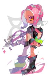 Rule 34 | 1girl, agent 8 (splatoon), amakusa (hidorozoa), black footwear, black skirt, boots, closed mouth, crop top, finger on trigger, high heel boots, high heels, holding, leg belt, looking at viewer, navel, nintendo, octoling, octoling girl, octoling player character, orange eyes, parted bangs, pink hair, skirt, solo, splatoon (series), splatoon 2, white background, wristband