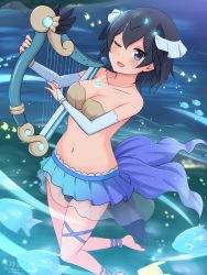 Rule 34 | 1girl, absurdres, air bubble, ankle strap, artist name, barefoot, bikini, bikini skirt, black bikini, black hair, blue eyes, blush, breasts, bridal gauntlets, brown bikini, bubble, cleavage, commentary, fish, gloves, harp, highres, holding, holding instrument, instrument, jewelry, kemono friends, looking at viewer, medium breasts, mismatched bikini, music, navel, necklace, one eye closed, open mouth, playing instrument, shiraha maru, short hair, signature, smile, solo, strapless, strapless bikini, superb bird-of-paradise (kemono friends), swimsuit, thigh strap, twitter username, underwater, white gloves