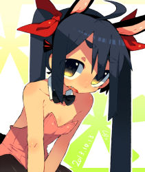 Rule 34 | 1girl, ahoge, animal ears, bare shoulders, black hair, black hairband, blush, bow, breasts, brown pantyhose, dated, detached collar, embarrassed, fake animal ears, fang, hair bow, hairband, leaning forward, leotard, long hair, looking at viewer, muroku (aimichiyo0526), nose blush, open mouth, original, outline, oversized breast cup, pantyhose, pink leotard, playboy bunny, rabbit ears, red bow, small breasts, solo, strapless, strapless leotard, twintails, white outline, x x, yellow eyes