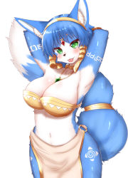 Rule 34 | 1girl, :3, animal ear fluff, animal ears, animal nose, arm tattoo, armor, armpits, arms behind head, arms up, bandeau, blue hair, blush, body fur, breasts, choker, circlet, cleavage, closed mouth, collarbone, cowboy shot, crystal, fang, fang out, female focus, fox ears, fox girl, fox tail, furry, furry female, gem, gold, green eyes, green gemstone, hair ornament, hairband, happy, highres, horokusa (korai), jewelry, krystal, large breasts, leg tattoo, loincloth, looking at viewer, navel, necklace, nintendo, o-ring, o-ring bottom, red gemstone, shiny skin, short hair, shoulder armor, sidelocks, simple background, smile, solo, standing, star fox, stomach, tail, tail raised, tattoo, tongue, tongue out, two-tone fur, vambraces, white background, wide hips, yellow bandeau, yellow choker, yellow hairband