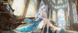 Rule 34 | 1girl, bare shoulders, blue eyes, blue hair, breasts, chinese text, dress, flower, furina (genshin impact), genshin impact, hair between eyes, heterochromia, high heels, highres, instrument, long hair, medium breasts, multicolored hair, pantyhose, piano, sitting, slime (genshin impact), smile, solo, wboss, white dress, white hair, white pantyhose