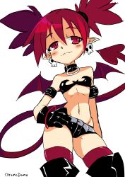 Rule 34 | 1girl, absurdres, armlet, artist name, bare shoulders, black gloves, black shorts, black thighhighs, blush, chromodomo, closed mouth, cowboy shot, demon girl, demon tail, demon wings, disgaea, earrings, etna (disgaea), fang, fang out, feet out of frame, female focus, gloves, hair between eyes, hand on own hip, highres, jewelry, looking at viewer, midriff, multicolored hair, navel, pointy ears, red eyes, red hair, red tail, red wings, short hair, short shorts, shorts, sidelocks, simple background, skull earrings, standing, strapless, tail, thighhighs, thighs, tube top, two-tone hair, white background, wings
