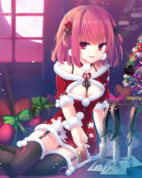 Rule 34 | 1girl, bad id, bad pixiv id, black thighhighs, blood, bow, character request, christmas, christmas tree, dress, e-nya, garter belt, gift, knife, moriah saga, open mouth, photo (object), pink hair, pom pom (clothes), red dress, red eyes, santa costume, short hair, short sleeves, smile, solo, thighhighs, window, yandere