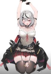 Rule 34 | 1girl, arm strap, arms up, belt, belt buckle, black belt, black collar, black gloves, black hair, black jacket, black thighhighs, blouse, blush, breasts, buckle, collar, commentary, english commentary, fingerless gloves, garter straps, gloves, hair ornament, heart collar, hololive, holox, jacket, large breasts, looking at viewer, medium hair, multicolored hair, nekoume, one eye closed, plaid, plaid skirt, pleated skirt, red eyes, red skirt, sakamata chloe, sakamata chloe (1st costume), shirt, silver hair, skirt, sleeveless, sleeveless shirt, solo, streaked hair, stretching, thighhighs, torn clothes, torn thighhighs, virtual youtuber, x hair ornament