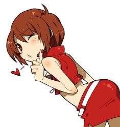 Rule 34 | bad id, bad pixiv id, brown hair, lowres, meiko (vocaloid), miniskirt, molly, one eye closed, pantyhose, short hair, simple background, skirt, solo, vocaloid, white background, wink