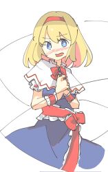 Rule 34 | 1girl, alice margatroid, blonde hair, blue dress, blue eyes, capelet, dress, frilled ribbon, frills, hairband, highres, kyoroniki, looking at viewer, open mouth, plant, puffy short sleeves, puffy sleeves, red hairband, red ribbon, ribbon, short hair, short sleeves, simple background, solo, touhou, vines, white background, white capelet