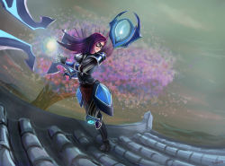 Rule 34 | 1girl, alternate costume, alternate hair color, architecture, armor, blade, domino mask, east asian architecture, energy ball, faulds, full body, glowing, greaves, infiltrator irelia, irelia, league of legends, long hair, mask, outdoors, pauldrons, pelvic curtain, petals, purple hair, rooftop, shoulder armor, signature, solo, standing, standing on one leg, sword, thrall1000, tree, vambraces, weapon