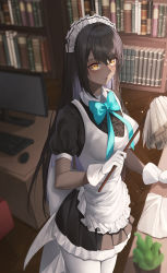 Rule 34 | 1girl, absurdres, apron, black dress, black hair, blue archive, blue bow, blue bowtie, blush, book, bow, bowtie, breasts, closed mouth, cowboy shot, dark-skinned female, dark skin, desk, dress, frilled apron, frills, gloves, highres, indoors, karin (blue archive), keyboard (computer), large breasts, long hair, looking at viewer, maid, maid apron, maid headdress, mohaka (m 0haka), monitor, orange eyes, pantyhose, pleated dress, puffy short sleeves, puffy sleeves, short sleeves, solo, white apron, white gloves, white headwear, white pantyhose