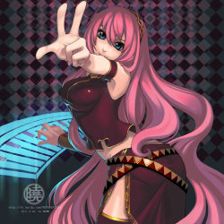 Rule 34 | 1girl, arched back, bad id, bad pixiv id, blue eyes, fiodo, hairband, highres, instrument, keyboard (instrument), long hair, megurine luka, pink hair, solo, thighhighs, v, very long hair, vocaloid