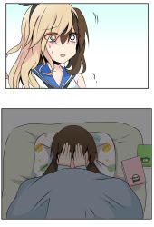 Rule 34 | 1girl, comic, cosplay, covering face, cyberdemon no3, embarrassed, eyes visible through hair, futon, gloom (expression), highres, kantai collection, lying, night, on back, original, shimakaze (kancolle), shimakaze (kancolle) (cosplay), under covers, unworn wig, wig