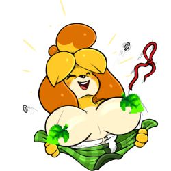 Rule 34 | 1girl, animal crossing, animal ears, blonde hair, blush, bouncing breasts, breasts, censored, censored nipples, clenched hands, dog ears, dog girl, closed eyes, female focus, flashing, furry, furry female, green vest, hands up, happy, isabelle (animal crossing), large breasts, leaf, leaf censor, motion lines, nintendo, novelty censor, open clothes, open mouth, open shirt, plaid, plaid vest, popped button, red ribbon, ribbon, savourysausages, shirt, short hair, smile, solo, teeth, topknot, transparent background, upper body, vest, white shirt