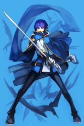 Rule 34 | 1boy, arc system works, blazblue, blazblue: central fiction, blue background, blue cape, blue hair, blue scarf, cape, gloves, hibiki kohaku, holding, holding sword, holding weapon, hungry clicker, long sleeves, looking at viewer, male focus, scarf, short hair, solo, sword, weapon, white gloves, yellow eyes