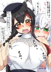 Rule 34 | 2girls, animal ears, blush, braid, braided ponytail, breasts, brown eyes, grabbing, grabbing another&#039;s breast, grabbing from behind, green eyes, hat, highres, hololive, huge breasts, japanese text, long hair, multicolored hair, multiple girls, ookami mio, open mouth, pointy ears, ponytail, shichuu katsu, shirakami fubuki, simple background, speech bubble, surprised, virtual youtuber, white background, white hair, yuri