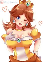 Rule 34 | 1girl, blue eyes, breasts, brown hair, cleavage, crown, dress, earrings, flower earrings, gloves, grin, hand on own hip, heart, jewelry, lipstick, looking at viewer, makeup, mario (series), nintendo, one eye closed, open mouth, orange dress, princess daisy, puffy short sleeves, puffy sleeves, shiny skin, short sleeves, smile, spoken heart, sugarbell, super mario land, tomboy, wink