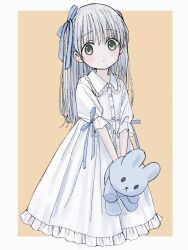 Rule 34 | 1girl, bird, blue ribbon, blush, border, buttons, closed mouth, collared dress, dot nose, dove, dress, frilled dress, frills, green eyes, grey hair, hair ribbon, highres, holding, holding stuffed toy, long dress, long hair, looking at viewer, original, ribbon, short sleeves, solo, standing, stuffed animal, stuffed rabbit, stuffed toy, waramugu, white border, yellow background