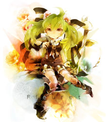 Rule 34 | 1girl, azuma aya, bloomers, boots, brown eyes, child, flower, green hair, hair flower, hair ornament, knee boots, looking at viewer, original, over-kneehighs, sitting, solo, sword, thighhighs, twintails, underwear, weapon