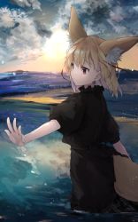Rule 34 | 1girl, alternate costume, animal ear fluff, animal ears, black dress, blonde hair, brown eyes, cloud, commentary request, dress, earrings, extra ears, fennec (kemono friends), fox ears, fox girl, fox tail, highres, horizon, jewelry, kemono friends, light smile, looking away, medium hair, nanana (nanana iz), outstretched arm, puffy short sleeves, puffy sleeves, short sleeves, solo, tail, wading, water