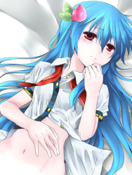 Rule 34 | 1girl, bed sheet, blue hair, blush, bottomless, female focus, food, fruit, groin, hair ornament, hand on own face, hand on own stomach, hand to own mouth, hinanawi tenshi, long hair, lying, navel, no headwear, no headwear, on back, open clothes, open shirt, peach, red eyes, shirt, solo, toraneko, touhou, unbuttoned, upper body