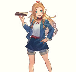 Rule 34 | 1girl, :d, artist name, blonde hair, blue jacket, braid, brown choker, choker, commentary, dungeon meshi, english commentary, green eyes, grey shorts, hand on own hip, highres, jacket, long hair, marcille donato, open mouth, shirt, shorts, simple background, smile, solo, standing, stnutt, twin braids, white background, white shirt