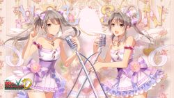 Rule 34 | 00s, 2girls, bare shoulders, beamed quavers, bow, choker, copyright name, corset, cowboy shot, dress, edy nelson, flower, frills, grey eyes, grey hair, hair ribbon, highres, jewelry, licorice nelson, long hair, microphone stand, multiple girls, murakami yuichi, musical note, musical note print, necklace, one eye closed, open mouth, ponytail, quaver, ribbon, sega, senjou no valkyria (series), siblings, sisters, smile, staff (music), treble clef, twintails, v, watermark