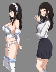 Rule 34 | 1girl, :d, arrow (symbol), bare shoulders, black choker, black hair, black skirt, blush, breasts, chitanda eru, choker, cleavage, closed eyes, corset, detached sleeves, earrings, facing viewer, from side, grey background, hairband, hand on own stomach, highres, hyouka, jewelry, kotenbu series, large breasts, long hair, long sleeves, medium skirt, navel, navel piercing, open mouth, panties, parted lips, photoshop (medium), piercing, pleated skirt, shirt, simple background, skirt, smile, thighhighs, twogie, underwear, waving, white hairband, white panties, white shirt, white thighhighs