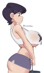 Rule 34 | 1girl, alternate breast size, alternative body build, artist name, ass, ass focus, black eyes, black hair, booty shorts, breast focus, breasts, bucket, closed mouth, cowboy shot, crop top, crop top overhang, curvy, exercise, focused, from side, highres, holding, holding bucket, huge breasts, impossible clothes, impossible shorts, komi-san wa komyushou desu, komi shuuko, large breasts, long hair, looking ahead, lycoris (lyc0riss), mature female, no bra, revealing clothes, revision, shirt, short hair, short shorts, shorts, sideboob, simple background, solo, standing, sweat, sweatdrop, tank top, thick thighs, thighs, third-party edit, tight clothes, wet, wet breasts, wet clothes, white background, white shirt, wide-eyed, wide hips