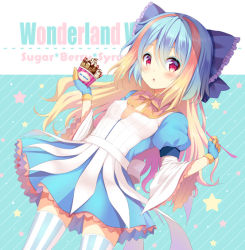 Rule 34 | 1girl, blonde hair, blue bow, blue dress, blue gloves, blue hair, bow, breasts, brown bow, commentary request, copyright name, diagonal stripes, dress, dutch angle, food, frilled bow, frills, gloves, hair bow, hands up, holding, ice cream, kuroe (sugarberry), layered sleeves, little alice (wonderland wars), long hair, long sleeves, looking at viewer, multicolored hair, parted lips, puffy short sleeves, puffy sleeves, short over long sleeves, short sleeves, small breasts, solo, star (symbol), striped background, striped clothes, striped thighhighs, thighhighs, two-tone hair, vertical-striped clothes, vertical-striped thighhighs, very long hair, wide sleeves, wonderland wars