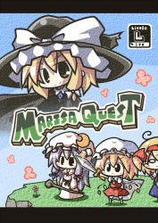 Rule 34 | 4girls, alice margatroid, aoblue, arm up, blonde hair, blue dress, blue sky, cape, chibi, cover, cover page, crescent, day, dragon quest, dress, female focus, flandre scarlet, flower, hat, kirisame marisa, long hair, multiple girls, patchouli knowledge, pink dress, purple hair, short hair, sky, staff, sword, touhou, weapon, wings, witch, witch hat