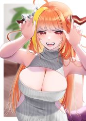 Rule 34 | 1girl, :d, ahoge, arms up, blonde hair, bow, breasts, cleavage, cleavage cutout, clothing cutout, dragon horns, dragon tail, highres, hololive, horn bow, horn ornament, horns, isuka, kiryu coco, large breasts, long hair, looking at viewer, multicolored hair, open mouth, orange hair, red eyes, signature, sleeveless, sleeveless sweater, smile, solo, streaked hair, striped, striped bow, sweater, tail, turtleneck, turtleneck sweater, very long hair, virtual youtuber