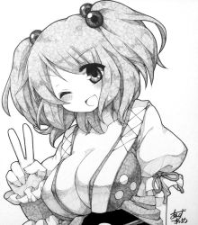 Rule 34 | 1girl, anzu ame, breasts, cleavage, greyscale, hair bobbles, hair ornament, head tilt, large breasts, millipen (medium), monochrome, one eye closed, onozuka komachi, open mouth, shikishi, short hair, signature, smile, solo, touhou, traditional media, twintails, two side up, v, wink