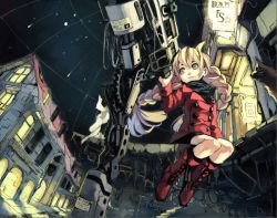 :3 bad_id bad_pixiv_id blonde_hair boots braid from_below kusanagi_kikoku long_hair night night_sky original red_eyes scarf sitting sky solo telescope twin_braids