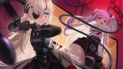 Rule 34 | 2girls, black dress, black gloves, black shorts, blonde hair, blue eyes, blush, buttons, chain, closed mouth, commentary request, double-breasted, dress, dutch angle, embarrassed, eyepatch, fingerless gloves, from below, gloves, goddess of victory: nikke, guillotine (nikke), hair ribbon, half gloves, heart, heart-shaped pupils, holding, holding whip, leather belt, long hair, long sleeves, looking at another, mole, mole under mouth, multiple girls, necktie, open mouth, pink hair, red necktie, red ribbon, ribbon, shirt, short shorts, shorts, smile, symbol-shaped pupils, teeth, thigh strap, thighs, torriet, two side up, upper teeth only, very long hair, wavy mouth, whip, whipping, white shirt, yuni (nikke)