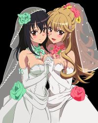 Rule 34 | 10s, 2girls, aiba asagi, black hair, blush, bow, breast press, breasts, bridal veil, brown eyes, choker, cleavage, dress, earrings, elbow gloves, flower, gloves, green flower, hair bow, hair flower, hair ornament, holding hands, high ponytail, himeragi yukina, interlocked fingers, jewelry, light brown hair, long hair, looking at viewer, medium breasts, multiple girls, open mouth, red eyes, red flower, sideboob, sleeveless, sleeveless dress, smile, standing, strapless, strapless dress, strike the blood, symmetrical docking, transparent background, veil, very long hair, wedding dress, white gloves, yellow flower