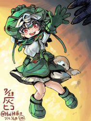Rule 34 | 1girl, bondrewd, boots, curly hair, dated, gloves, green footwear, green gloves, green headwear, hai to hickory, hand on own head, hat, highres, knees together feet apart, made in abyss, meinya (made in abyss), open mouth, pouch, prushka, reaching, reaching towards viewer, red eyes, short hair, signature, skirt, smile, solo focus, twitter username, white hair