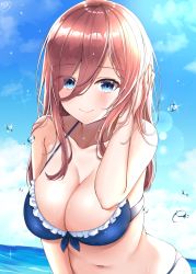 Rule 34 | 1girl, akino ell, bare arms, bare shoulders, bikini, blue bikini, blue eyes, blue sky, blush, breasts, brown hair, cleavage, closed mouth, cloud, collarbone, commentary request, day, go-toubun no hanayome, hair between eyes, halterneck, hand up, highres, large breasts, leaning forward, long hair, looking at viewer, nakano miku, navel, signature, sky, smile, solo, stomach, swimsuit, water, wet