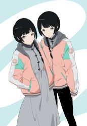 Rule 34 | 2girls, ame (amemgmgmg), bad id, bad pixiv id, black hair, black pants, blue background, blunt bangs, braid, chinese clothes, closed mouth, commentary request, dress, grey dress, hands in pockets, highres, hood, hood down, jacket, long sleeves, looking at viewer, mole, mole under eye, multiple girls, open clothes, open jacket, original, pants, pink eyes, siblings, single braid, sisters, smile, standing, twins, two-tone background, white background