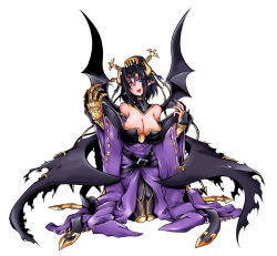 Rule 34 | 1girl, bandai, bare shoulders, bat (animal), bat (symbol), bat wings, black hair, black wings, blue eyes, breasts, bridal gauntlets, bustier, claws, demon girl, detached collar, detached sleeves, digimon, digimon crusader, eyeshadow, facial mark, female focus, hair bun, hair ornament, horns, kneeling, large breasts, lilithmon, lipstick, makeup, multiple wings, nail polish, official art, open mouth, pointy ears, seven great demon lords, sharp nails, shawl, simple background, single hair bun, skirt, smile, solo, tattoo, thighhighs, white background, wings