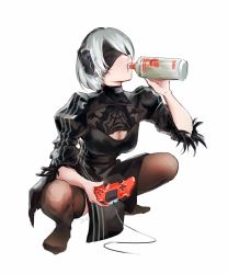 Rule 34 | 1girl, 2b (nier:automata), 2b (nier:automata) (cosplay), absurdres, adidas, alcohol, black thighhighs, blindfold, bottle, breasts, cleavage, cleavage cutout, clothing cutout, controller, cosplay, drinking, gopnik, headset, highres, holding, holding bottle, holding controller, hyde (tabakko), kson, medium breasts, nier:automata, nier (series), playstation controller, real life, short hair, simple background, slav squatting, solo, squatting, thighhighs, virtual youtuber, vodka, vshojo, white background