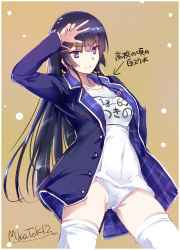 Rule 34 | 1girl, arm up, arrow (symbol), bad id, bad pixiv id, black hair, blazer, blue eyes, blue jacket, breasts, brown background, closed mouth, commentary request, covered navel, hair between eyes, hair ornament, hairclip, headpiece, jacket, kimura shuuichi, long hair, looking at viewer, name tag, nijisanji, old school swimsuit, one-piece swimsuit, open clothes, open jacket, school swimsuit, small breasts, smile, solo, swimsuit, thighhighs, translation request, tsukino mito, tsukino mito (1st costume), very long hair, virtual youtuber, w, white one-piece swimsuit, white school swimsuit, white thighhighs