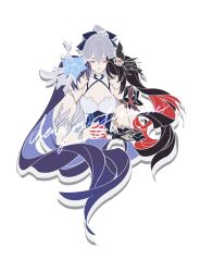 Rule 34 | 3girls, black hair, blue flower, blue hair, bronya zaychik, closed eyes, colored inner hair, commentary, dual persona, facing another, facing viewer, flower, from side, grey hair, hair flower, hair ornament, halterneck, highres, honkai (series), honkai impact 3rd, mie xing, multicolored hair, multiple girls, red hair, seele vollerei, simple background, upper body, white background