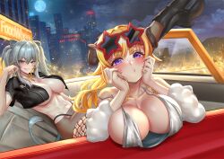 Rule 34 | 2girls, alternate costume, animal ears, blonde hair, blush, boots, breasts, brown pantyhose, building, car, city, cleavage, cocktail dress, convertible, cropped jacket, dress, elbow rest, eyewear on head, fishnet pantyhose, fishnets, full moon, grey eyes, grey hair, grin, hololive, horns, jacket, jagoo, large breasts, leg up, lion ears, lion girl, lion tail, long hair, moon, motor vehicle, multiple girls, navel, night, no bra, o3o, open clothes, open jacket, pantyhose, purple eyes, sheep ears, sheep girl, sheep horns, shishiro botan, silver dress, skyscraper, smile, star-shaped eyewear, star (symbol), stomach, sunglasses, tail, tsunomaki watame, twintails, virtual youtuber
