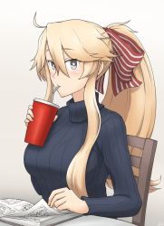 Rule 34 | 10s, 6+girls, alternate costume, alternate hairstyle, animalization, blonde hair, blue eyes, blue sweater, breasts, casual, drinking, drinking straw, from side, hair between eyes, hair ribbon, hamu koutarou, hiei (kancolle), highres, i-58 (kancolle), iowa (kancolle), kantai collection, kongou (kancolle), kuma (kancolle), large breasts, long hair, looking at viewer, multiple girls, open magazine, ponytail, ribbed sweater, ribbon, sidelocks, solo, star-shaped pupils, star (symbol), striped ribbon, sweater, symbol-shaped pupils, upper body, very long hair