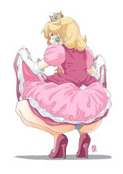 Rule 34 | 1girl, ass, automatic giraffe, blonde hair, blue eyes, clothes lift, crown, dress, dress lift, earrings, elbow gloves, gloves, high heels, jewelry, long hair, looking at viewer, looking back, mario (series), nintendo, panties, pink dress, princess peach, simple background, smile, solo, sphere earrings, squatting, thighhighs, underwear, white background, white gloves