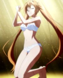 Rule 34 | 10s, 1girl, bra, breasts, closed eyes, gradient background, high school dxd, highres, jewelry, long hair, necklace, panties, screencap, shidou irina, smile, solo, standing, stitched, striped, striped background, third-party edit, twintails, underwear