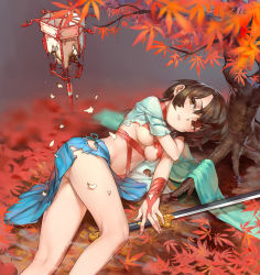Rule 34 | 1girl, autumn, autumn leaves, bare legs, breasts, brown eyes, brown hair, commentary request, hakama, hakama short skirt, hakama skirt, heiyz, japanese clothes, leaf, lying, maple leaf, medium breasts, navel, on side, original, outdoors, red ribbon, ribbon, short hair, short sleeves, skirt, solo, sword, torn clothes, torn hakama, tree, underboob, weapon