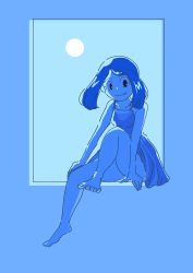 Rule 34 | 1girl, alternate costume, artist request, bare shoulders, barefoot, blue eyes, blue theme, brown hair, child, collarbone, creatures (company), dress, fang, feet, female focus, flat chest, full body, game freak, happy, highres, indoors, leg up, legs, looking at viewer, may (pokemon), medium hair, neck, nintendo, no panties, pokemon, pokemon adventures, sitting, sky, sleeveless, sleeveless dress, smile, soles, solo, sundress, thighs, toenails, toes, traditional media, window